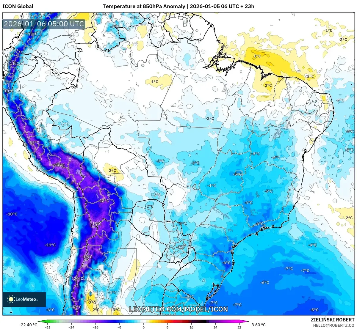 Anomalías frías en los Andes el 6 de enero de 2026