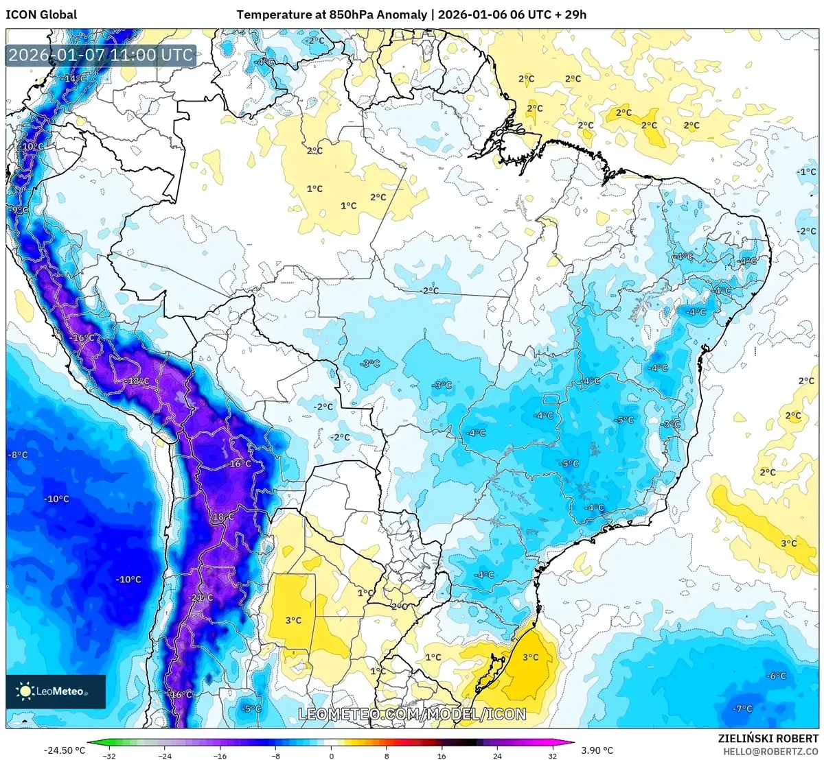 Anomalía de Temperatura sobre los Andes 7 de enero de 2026