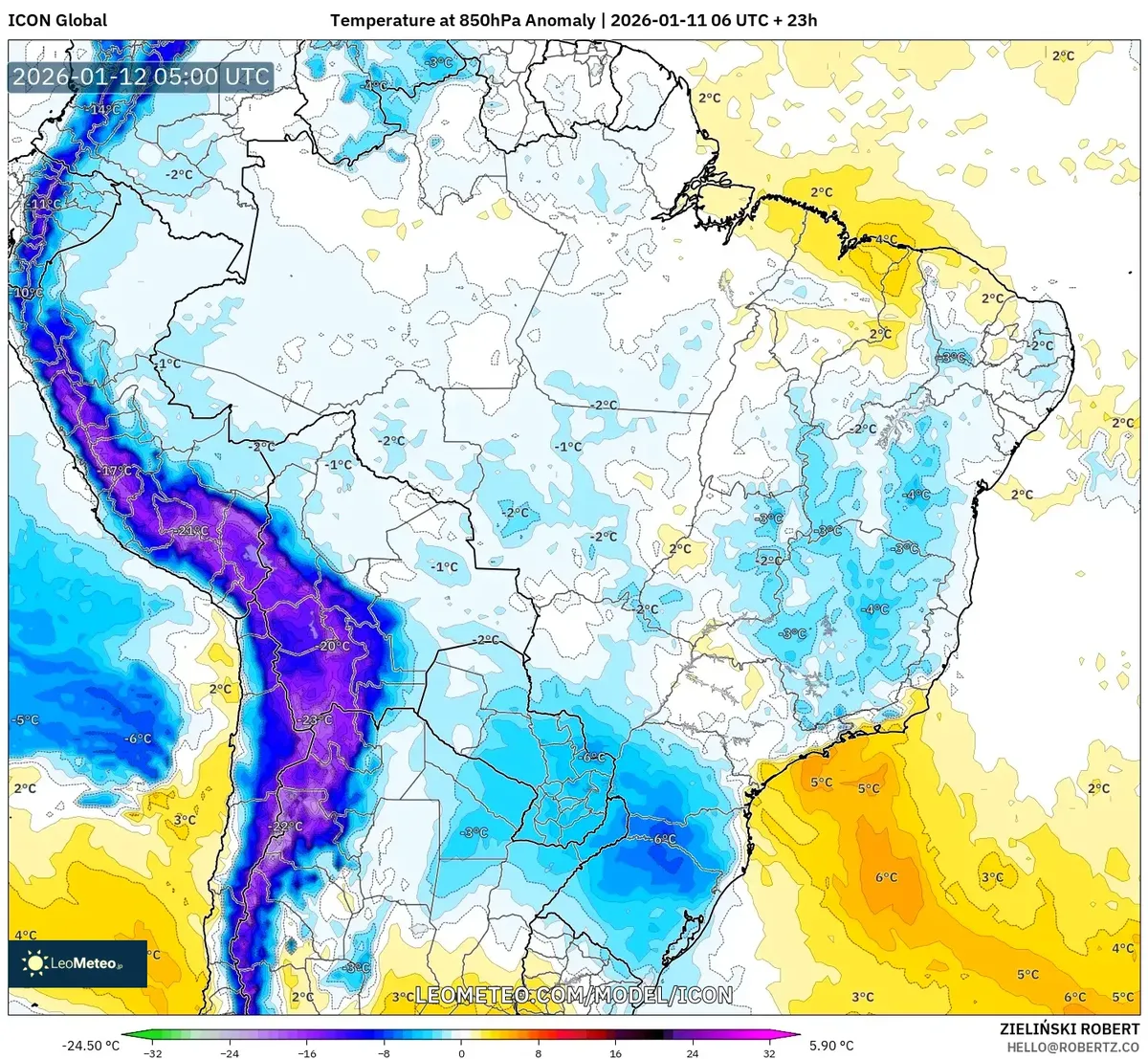 Anomalía de temperatura a 850 hPa, 12 de enero de 2026