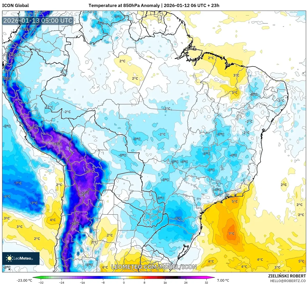 Anomalía de Temperatura a 850 hPa - 2026-01-13 00:00