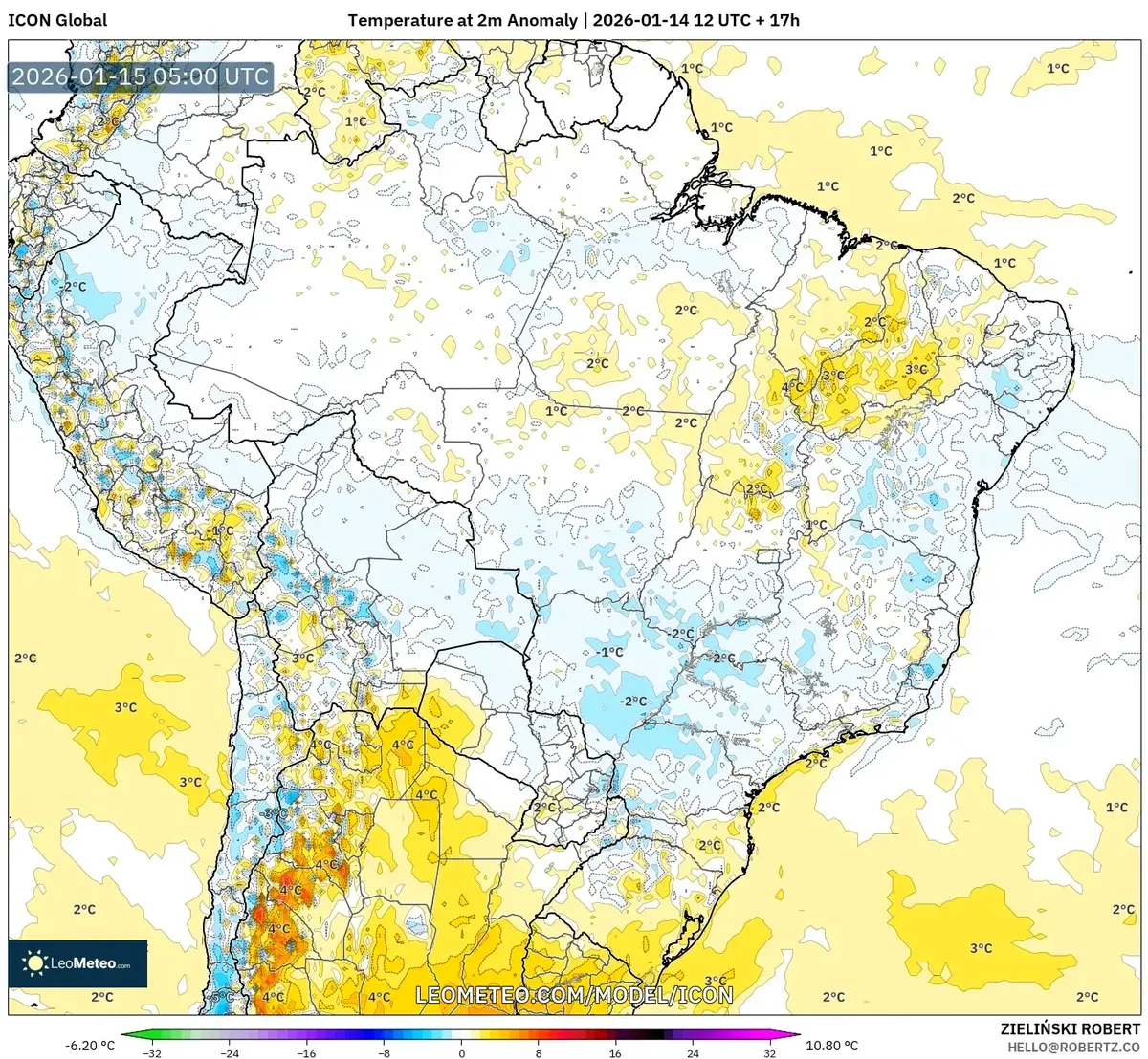 Anomalía de Temperatura a 2 m a las 2026-01-15 00:00