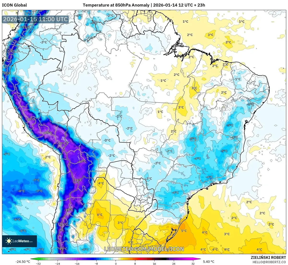 Anomalía de Temperatura a 850 hPa a las 2026-01-15 00:00