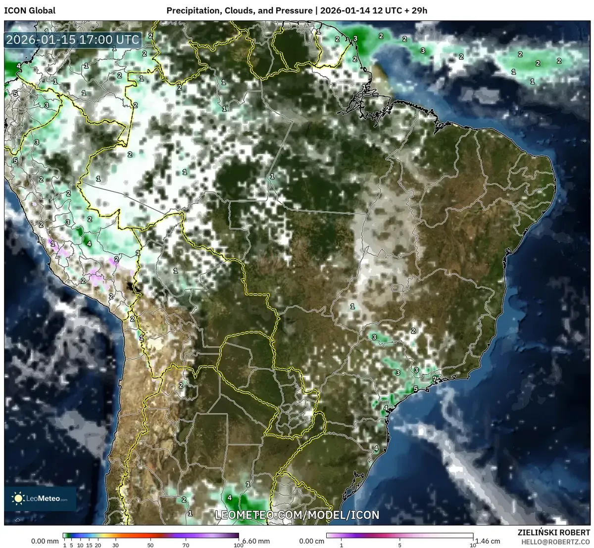 Precipitación y Nubes a las 2026-01-15 12:00