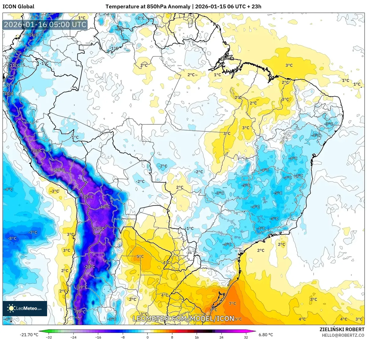 Anomalía de Temperatura a 2 m – 16 de enero de 2026
