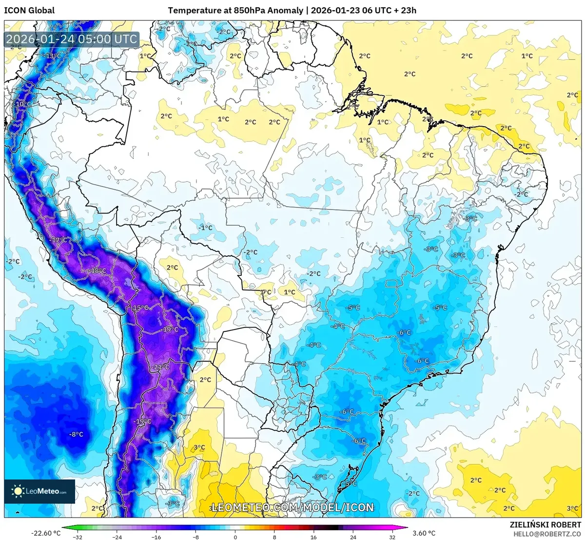 Anomalía de Temperatura a 850 hPa en Lima, 24 de enero de 2026