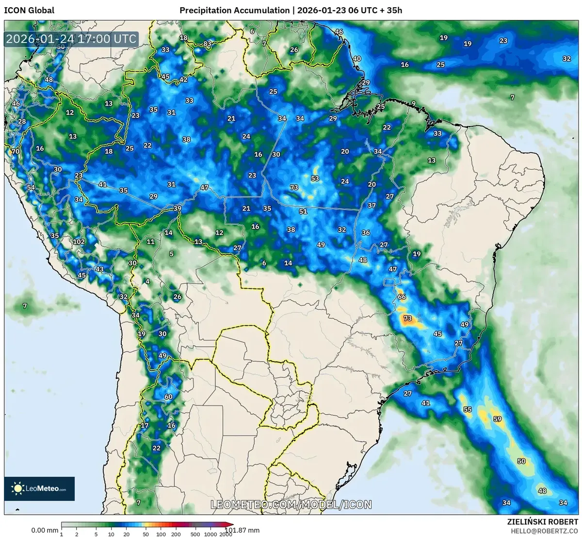 Acumulación de precipitación en el sur de Perú – 24 de enero de 2026