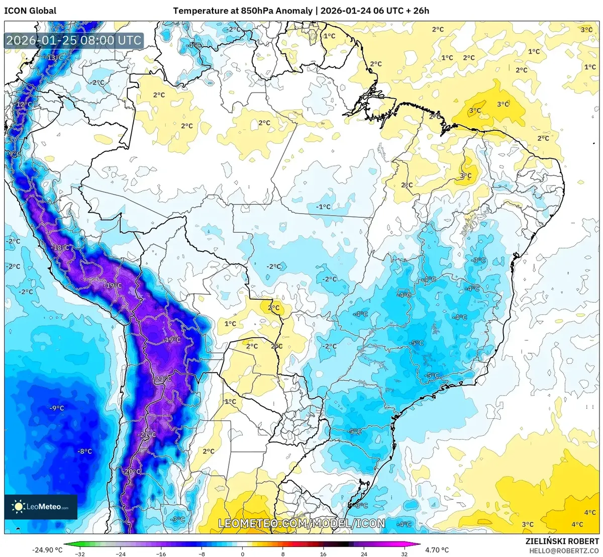Anomalía de temperatura a 850 hPa a las 03:00