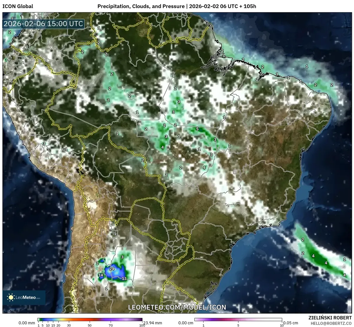 Precipitación, nubosidad, temperatura y presión para el 6 de febrero de 2026 (ICON)