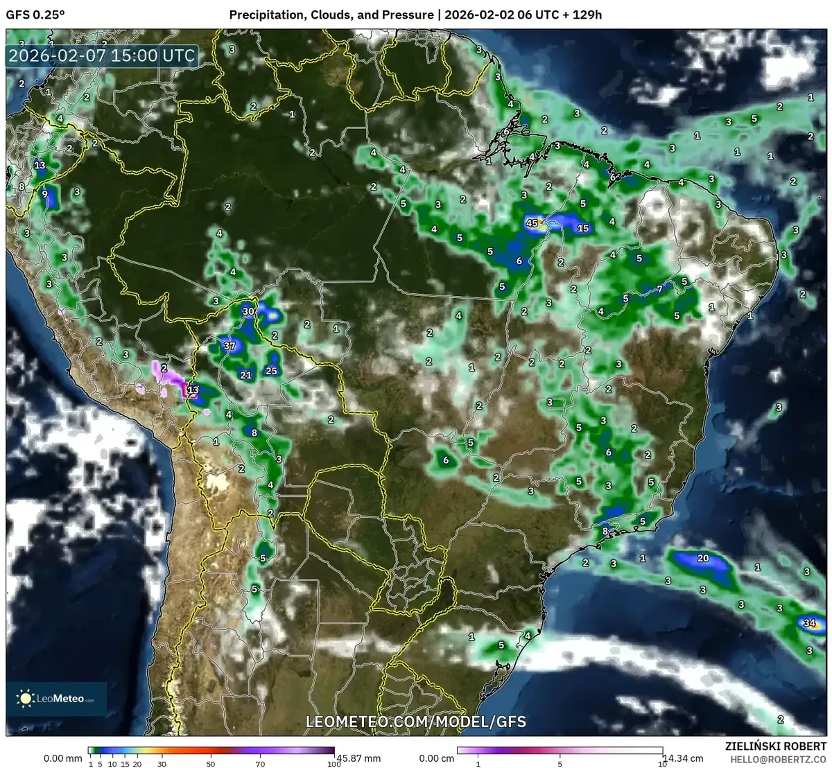 Precipitación, nubosidad, temperatura y presión para el 7 de febrero de 2026 (GFS)