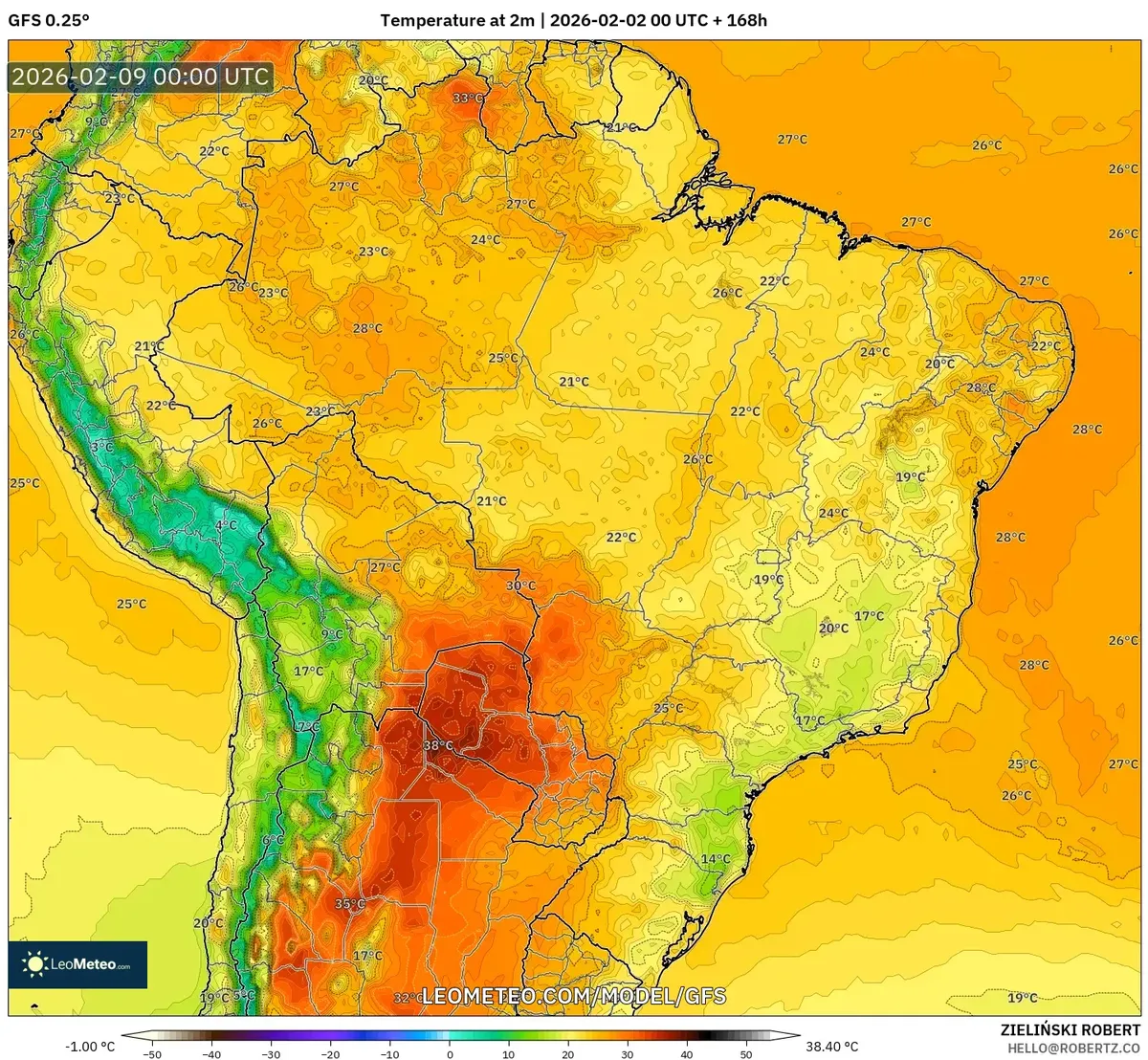 Temperatura a 2 m para el 8 de febrero de 2026 (GFS)