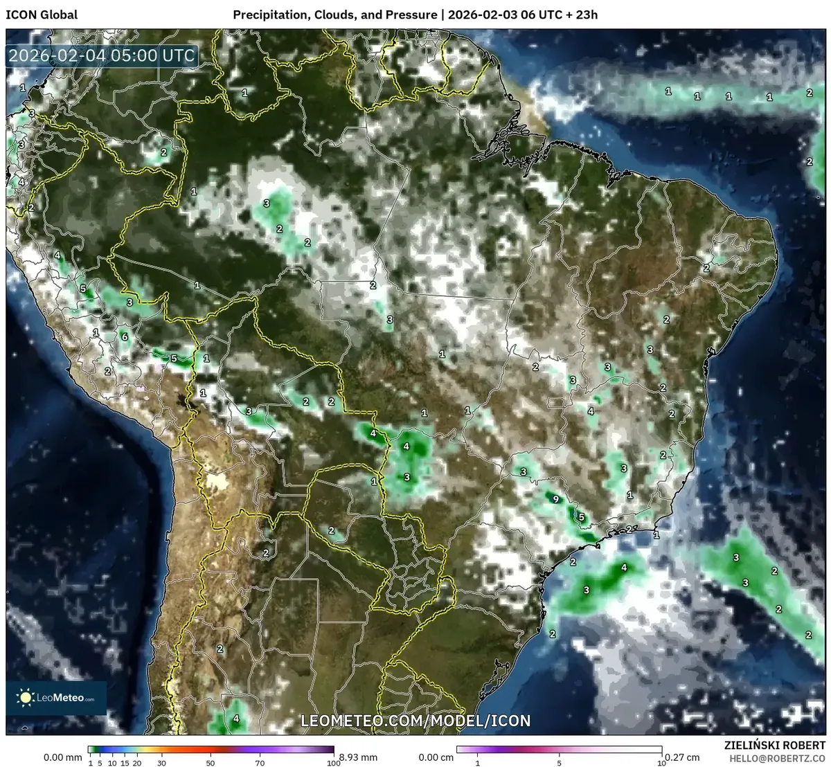 Precipitación, nubosidad, temperatura y presión el 4 de febrero de 2026 (ICON)
