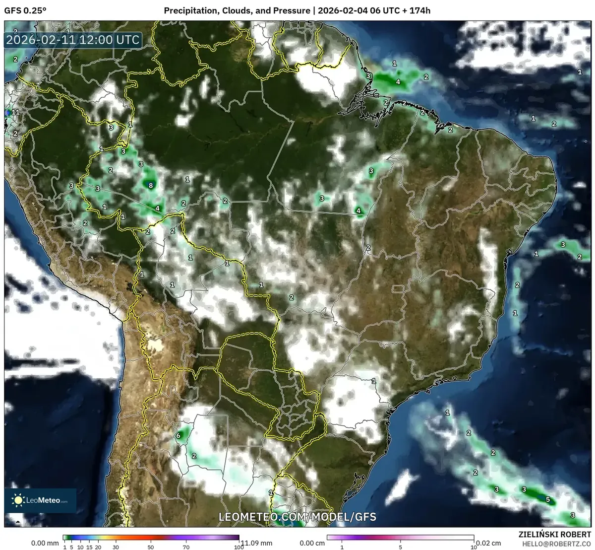 Pronóstico de precipitación, nubes, temperatura y presión en el Perú para el 11 de febrero de 2026