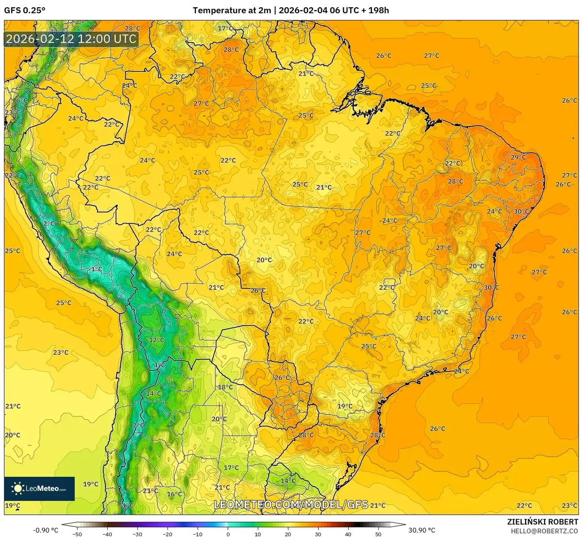 Pronóstico de temperatura en el Perú para el 12 de febrero de 2026