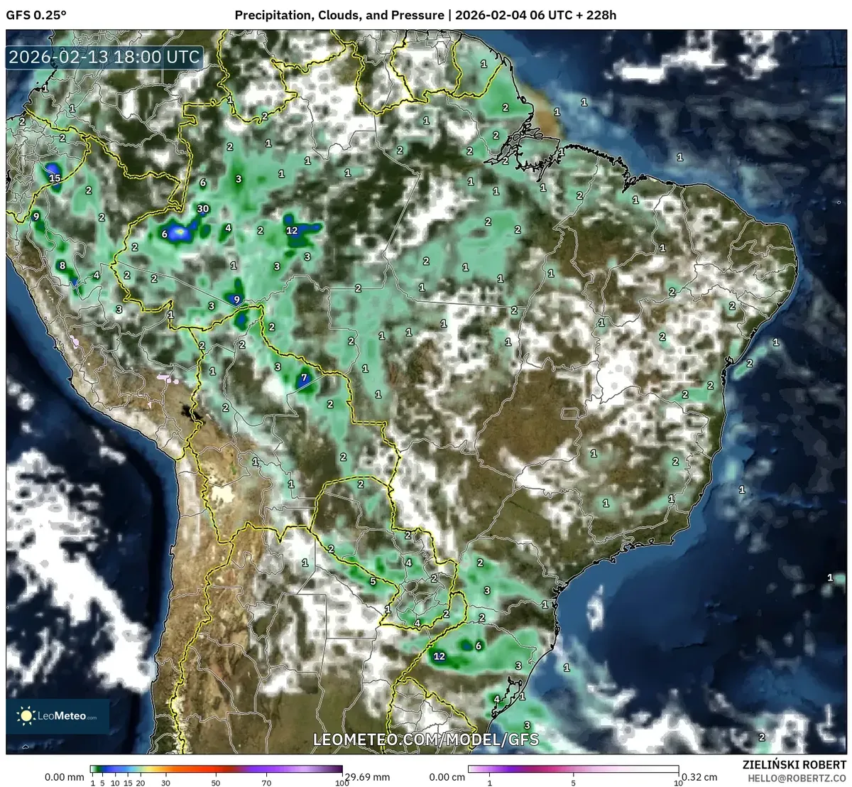 Pronóstico de precipitación, nubes, temperatura y presión en el Perú para el 13 de febrero de 2026