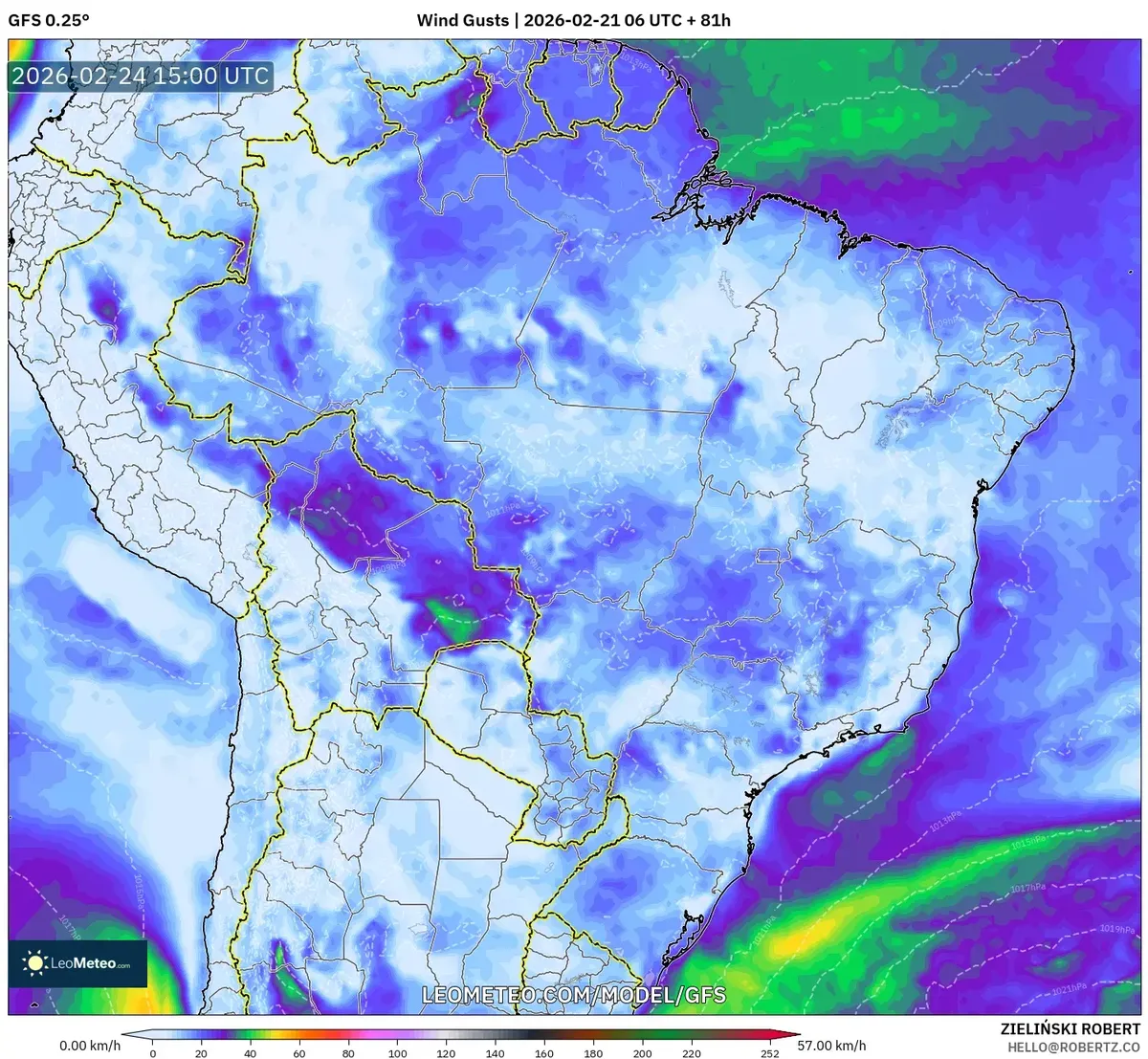 Vientos suaves en todo el Perú al mediodía del 24 de febrero de 2026