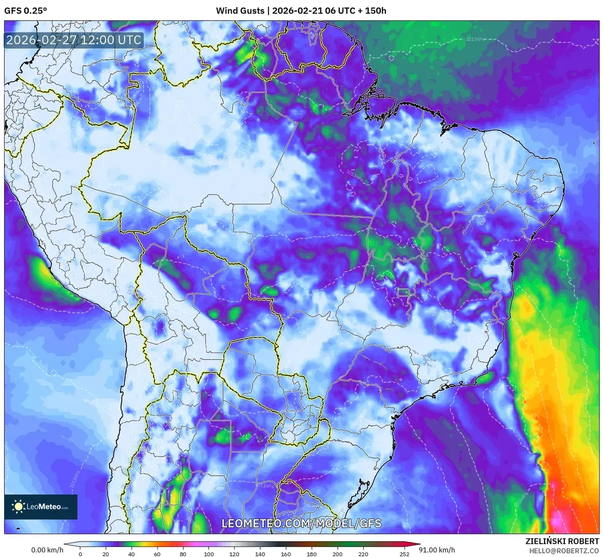 Vientos ligeros en todo el Perú al mediodía del 27 de febrero de 2026